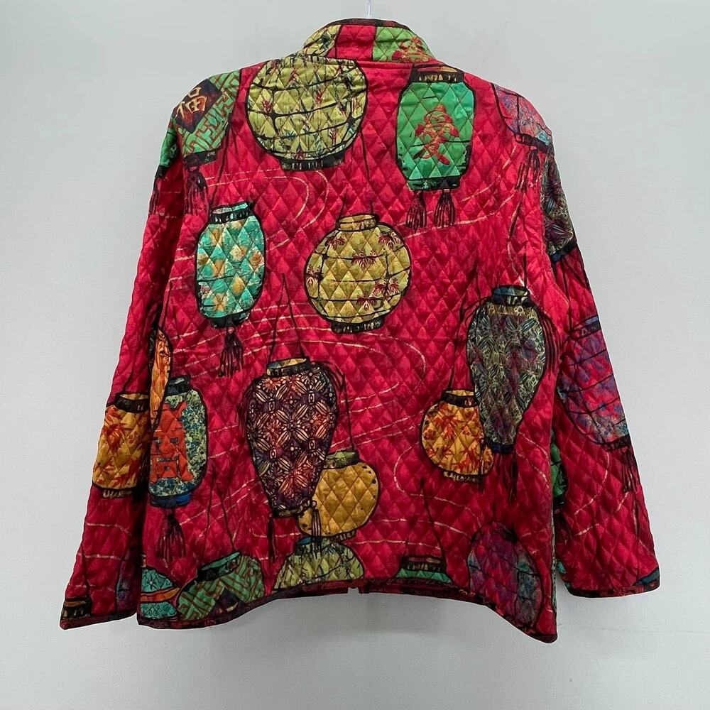 Chico's Red Silk Quilted Asian Taiwanese Chinese Lantern Art‎ Jacket - Picture 2 of 4